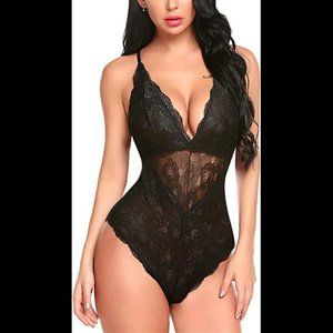 Women Snap Crotch Lingerie Sexy Lace Bodysuit Deep V